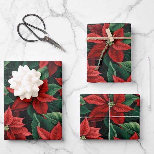 Hübsches Rot und Grün Poinsettias Digitale Kunst Geschenkpapier Set (Vorderseite)