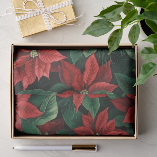 Hübsches Rot und Grün Poinsettias Digitale Kunst Seidenpapier (Geschenk)
