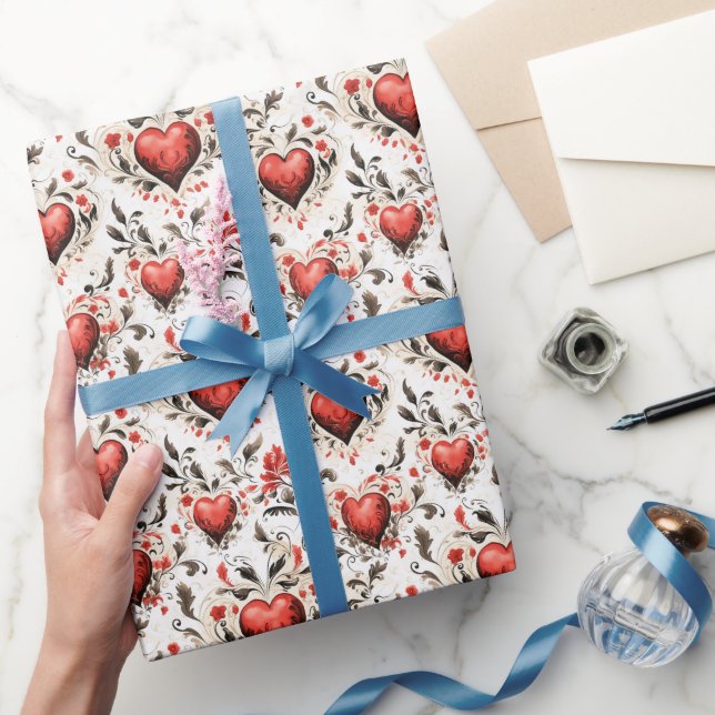 Hübsches Rotes Herz und Blume Vintag Geschenkpapier (Schenken)