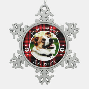 Hübsches rustikales Hunde-Gedenkfoto individuell Schneeflocken Zinn-Ornament