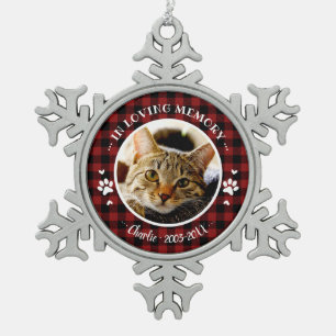Hübsches rustikales Katzen-Gedenkfoto individuell Schneeflocken Zinn-Ornament