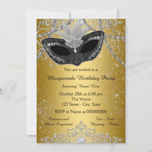 Hübsches Schwarz-Gold-Masquerade-Party Einladung (Vorderseite)