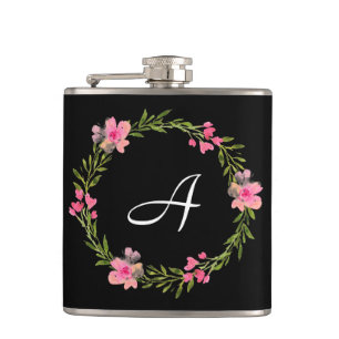 Hübsches Schwarz und Rosa Florales Monogramm Flachmann
