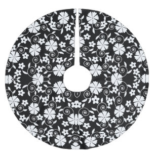 Hübsches Schwarz-Weiß-Blumenmuster Polyester Weihnachtsbaumdecke