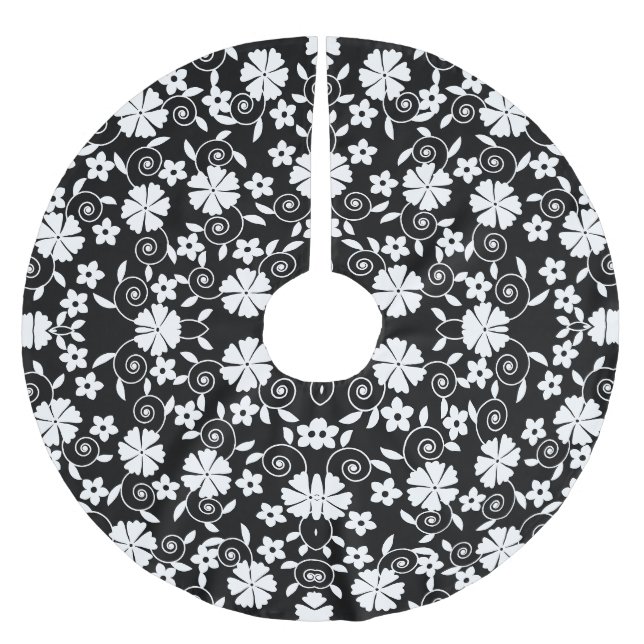 Hübsches Schwarz-Weiß-Blumenmuster Polyester Weihnachtsbaumdecke (Vorderseite)