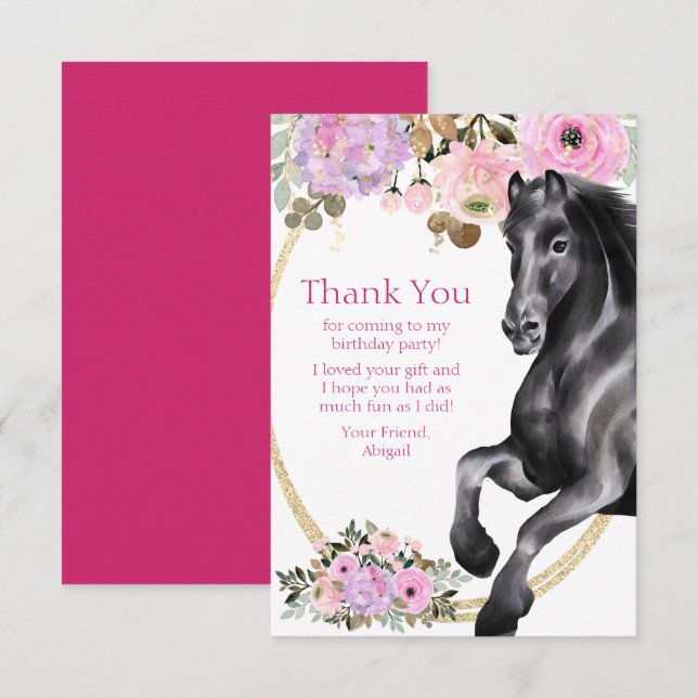 Hübsches Schwarzes Pferd mit rosa Blume Geburtstag Dankeskarte (Vorne/Hinten)
