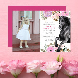 Hübsches Schwarzes Pferd und rosa Blume Foto Gebur Einladung