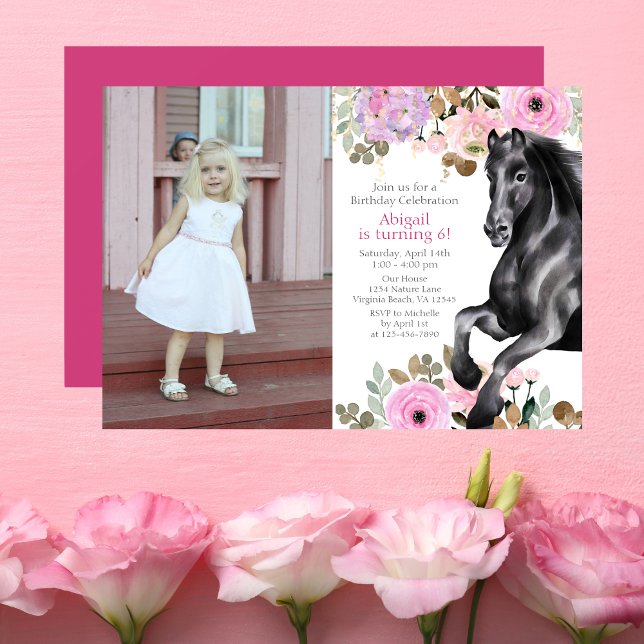 Hübsches Schwarzes Pferd und rosa Blume Foto Gebur Einladung (Von Creator hochgeladen)