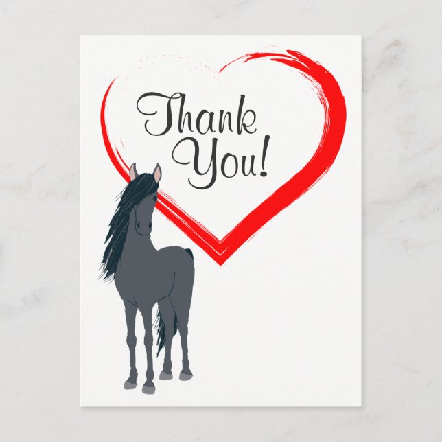 Hübsches Schwarzes Pferd und Rotes Herz Vielen Dan Postkarte (Vorderseite)