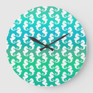 Hübsches Seepferdchen-Muster auf Blau Grün Große Wanduhr