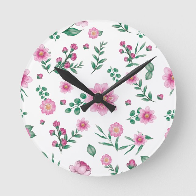 Hübsches Shabby Chic Rosa Blumendarstellung Runde Wanduhr (Vorderseite)