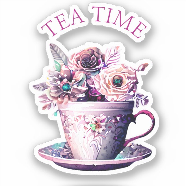 Hübsches Shabby Chic Viktorianisch Teacup Tea Time Aufkleber (Vorderseite)