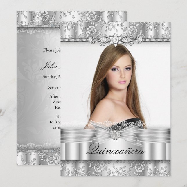 Hübsches Silver Floral Foto Quinceanera Einladung (Vorne/Hinten)