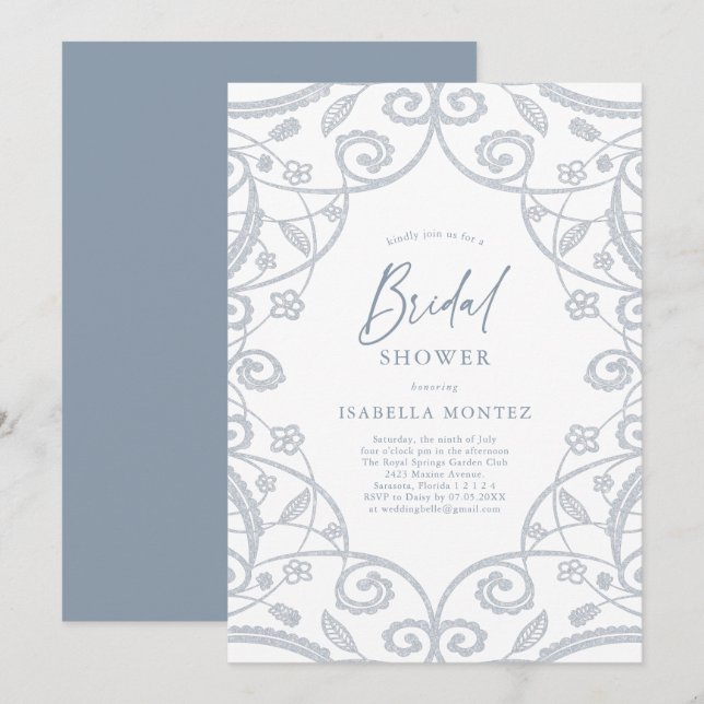 Hübsches Soft Dusty Blue Silver Floral Brautparty Einladung (Vorne/Hinten)