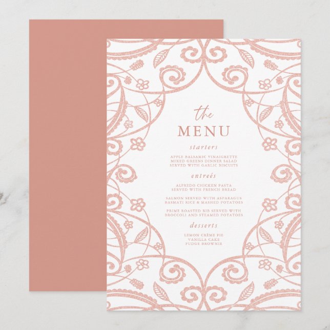 Hübsches Soft Rose Gold Glitzer Hochzeitmenü Menükarte (Vorne/Hinten)