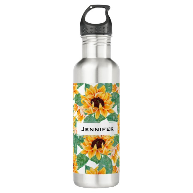 Hübsches Sonnenblumenmuster Gelb & Grün Edelstahlflasche (Vorderseite)