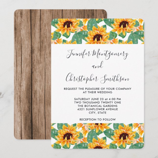 Hübsches Sonnenblumenmuster Gelb & Grün Hochzeit Einladung (Vorne/Hinten)