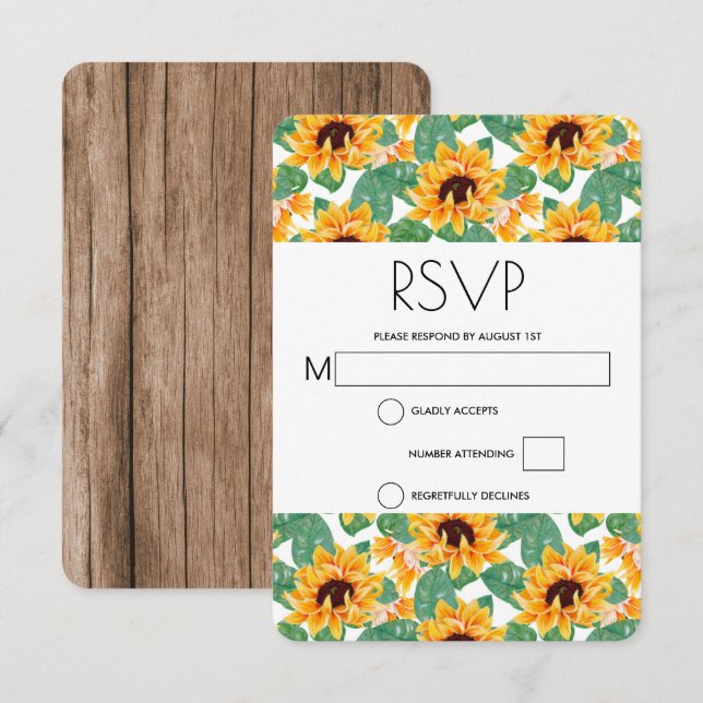 Hübsches Sonnenblumenmuster Gelb & Grün Hochzeit RSVP Karte (Vorne/Hinten)