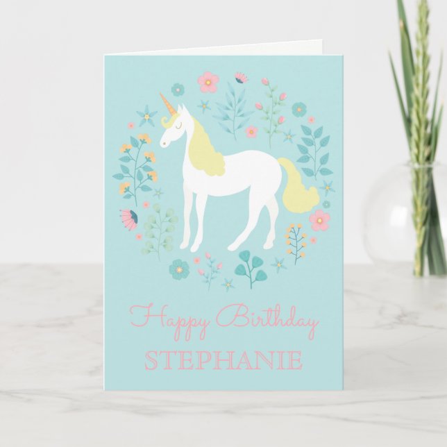 Hübsches Unicorn-u. Blumen-Aqua personalisiert Karte (Vorderseite)