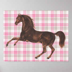 Hübsches vintage-illustriertes Pferd auf rosa Karo Poster