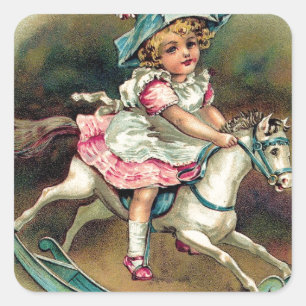 Hübsches Vintage-Kind auf Schaukelpferd Shabby Chi Quadratischer Aufkleber