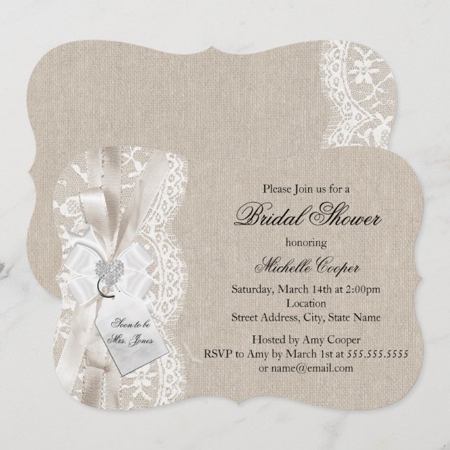 Hübsches Vintages Lace & Burlap-Brautparty Einladung (Vorne/Hinten)