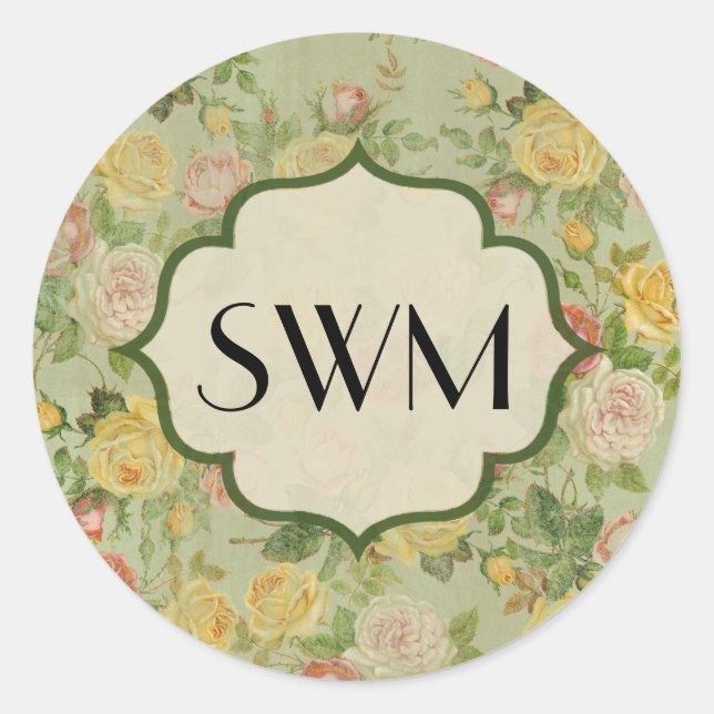 Hübsches Vintages Muster Mit Monogramm Blume Runder Aufkleber (Vorderseite)