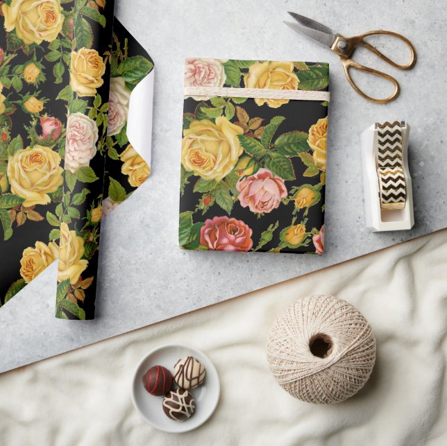 Hübsches Vintages Schwarzes Blütenrosa und Grün Geschenkpapier (Kunsthandwerk)