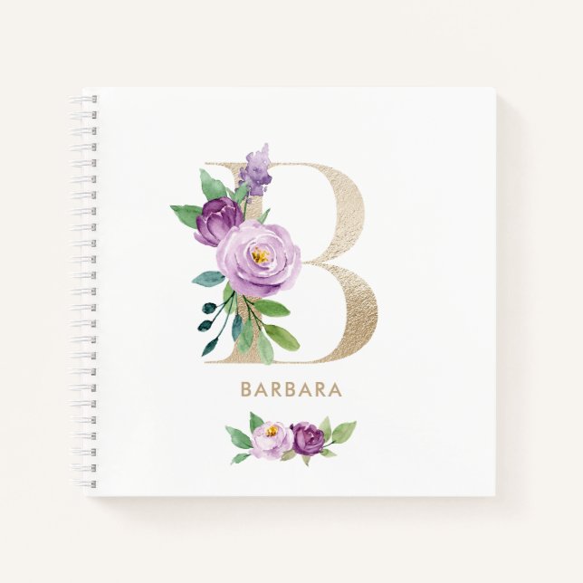 Hübsches Violet-Floral-Gold-Fohlen Letter B Monogr Notizbuch (Vorderseite)