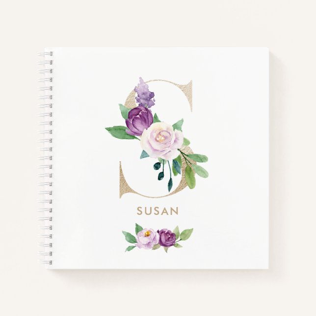 Hübsches Violet-Floral-Gold-Folienschreiben S Mono Notizbuch (Vorderseite)