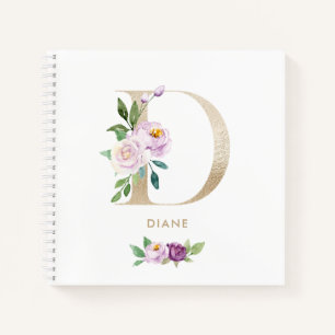 Hübsches Violett-Blütengoldfolie Letter D Monogram Notizbuch