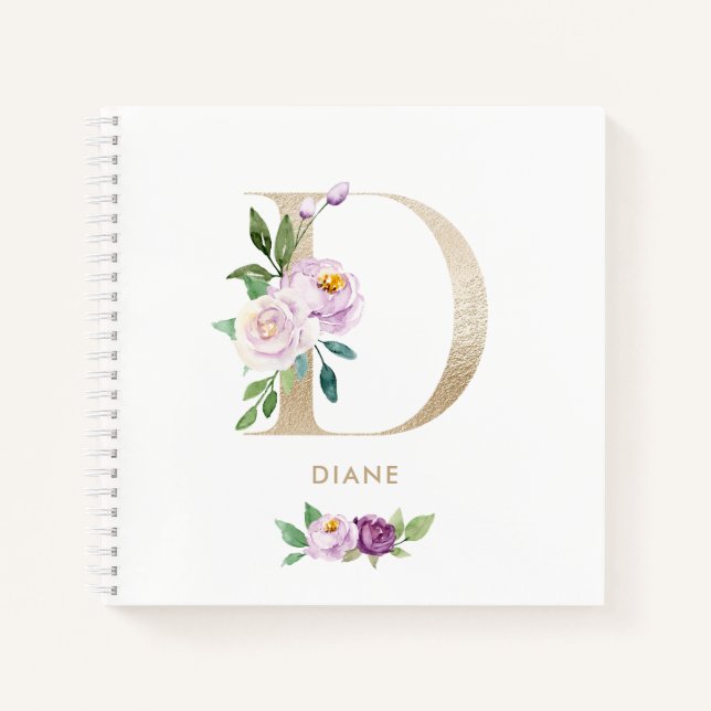 Hübsches Violett-Blütengoldfolie Letter D Monogram Notizbuch (Vorderseite)