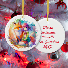Hübsches Wasserfarben-Anime-Girl und Fox Weihnacht Keramik Ornament
