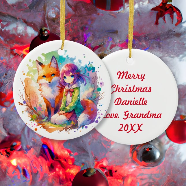Hübsches Wasserfarben-Anime-Girl und Fox Weihnacht Keramik Ornament (Von Creator hochgeladen)