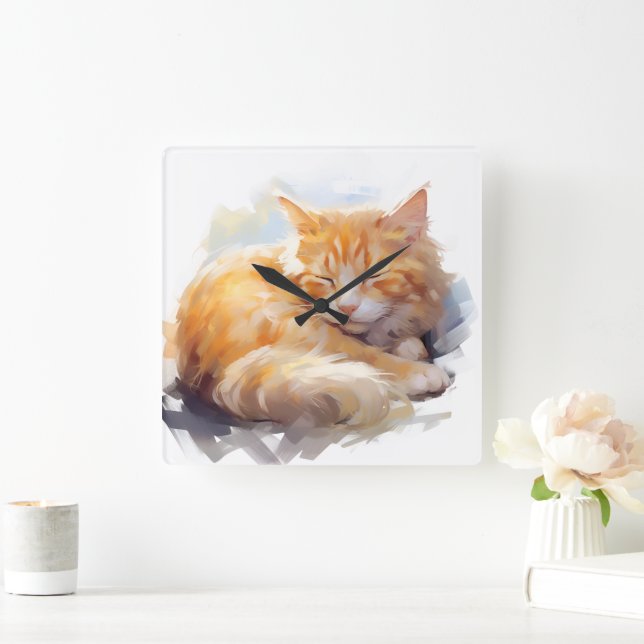 HÜBSCHES WASSERFARBSCHLAFEN ORANGE TABBY CAT QUADRATISCHE WANDUHR (Zuhause)