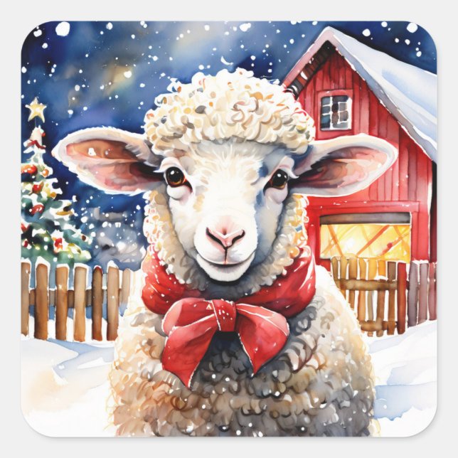 Hübsches Weihnachtsschaf und rustikaler Stall Quadratischer Aufkleber (Vorderseite)