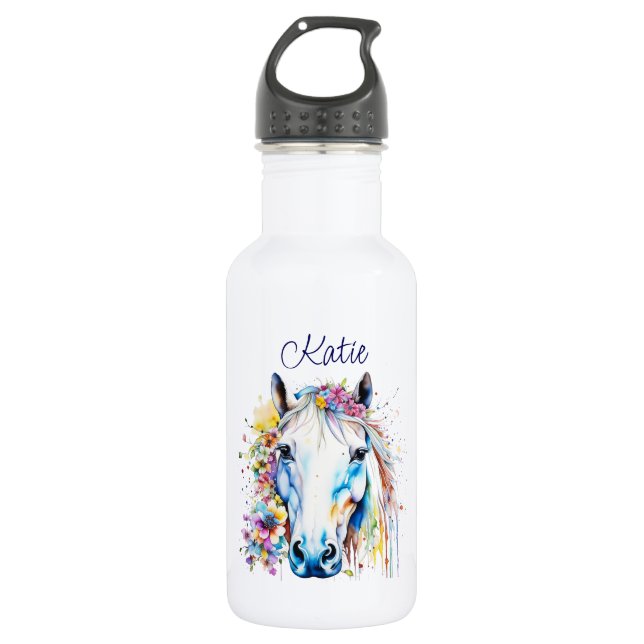 Hübsches Weißes Pferd Personalisiert Edelstahlflasche (Vorderseite)