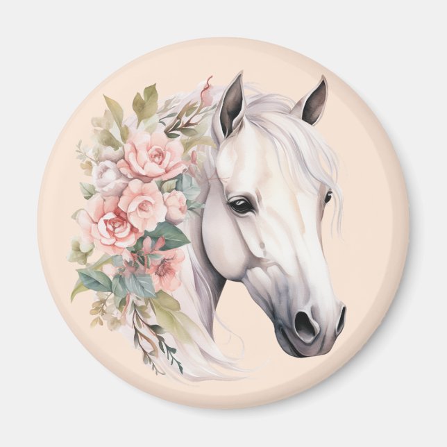 Hübsches Weißes Pferd Rosa Blume Elegante Whimsika Magnet (Vorne)