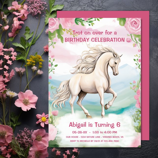 Hübsches Weißes Pferd und rosa Blume Geburtstag Einladung (Pretty White Horse and Pink Flowers Birthday Invitation)