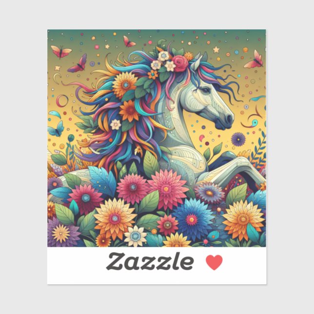 Hübsches Whimsical Horse in farbenfrohen Blume Aufkleber (Blatt)