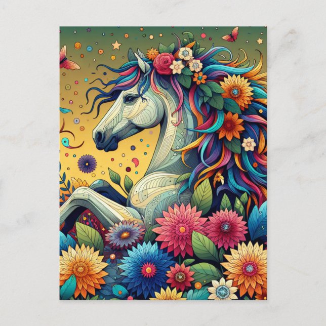 Hübsches Whimsical Horse in farbenfrohen Blume Postkarte (Vorderseite)