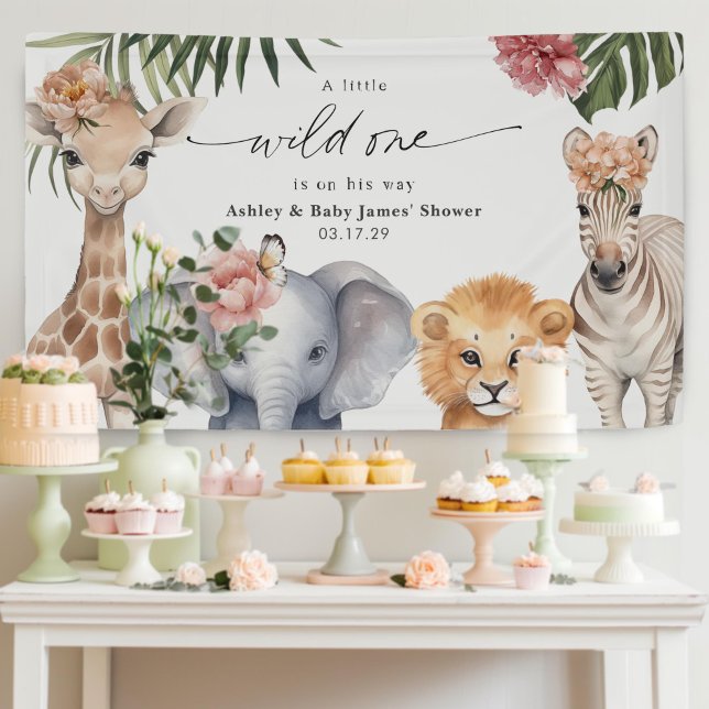 Hübsches Wild One Niedlich Safari Tiere Hintergrun Banner (Wild One Safari Animals Baby Girl Shower Party Backdrop decor.)
