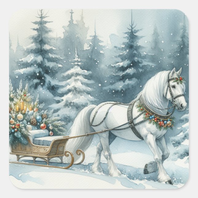 Hübsches Winterpferd und ein Weihnachtsrodeln Quadratischer Aufkleber (Vorderseite)