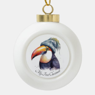 Hübsches Wintertukan-Weihnachtsvogel-Andenken Keramik Kugel-Ornament