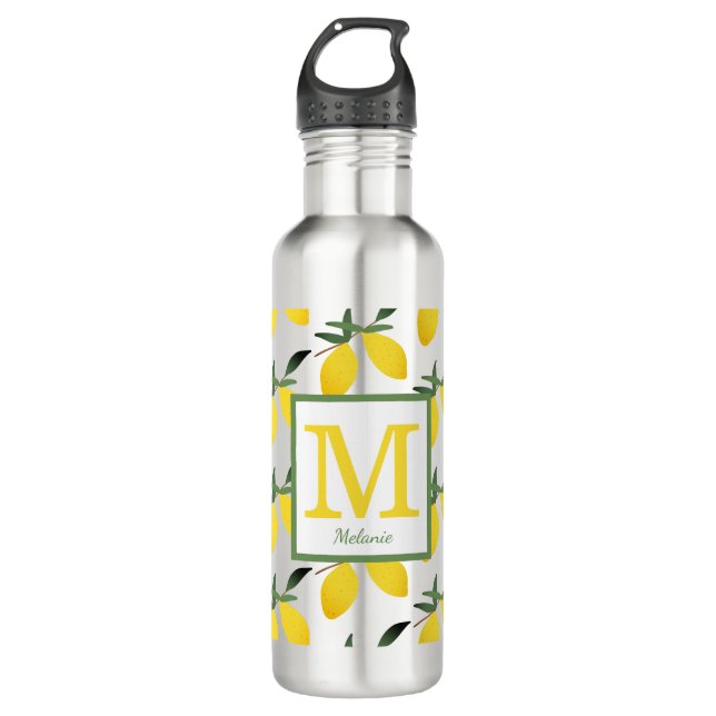 Hübsches Zitronenmonogramm Name Wasser Flasche Edelstahlflasche (Vorderseite)