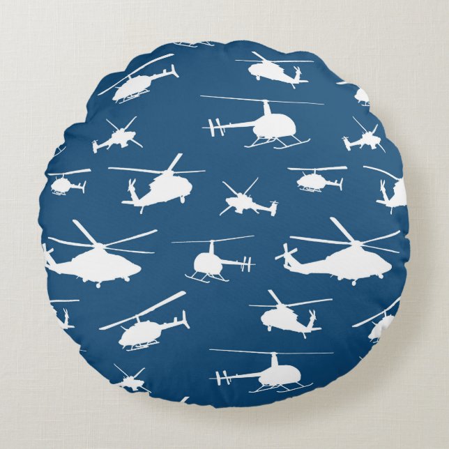 Hubschrauber-Silhouette-//-Marine-Blau // Rundes Kissen (Vorderseite)