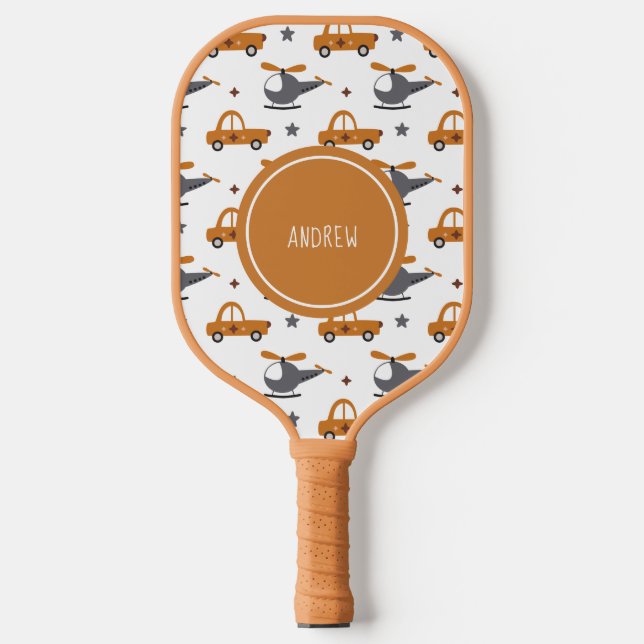 Hubschrauber und Autos Kinderspielzeugmuster und N Pickleball Schläger (Vorderseite)