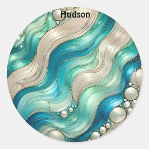 HUDSON ~ SHINY Blue White Abstrakt ~ Runder Aufkleber