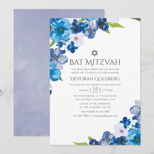 Hues of Blue Floral Bat Mitzvah Einladung (Vorne/Hinten)