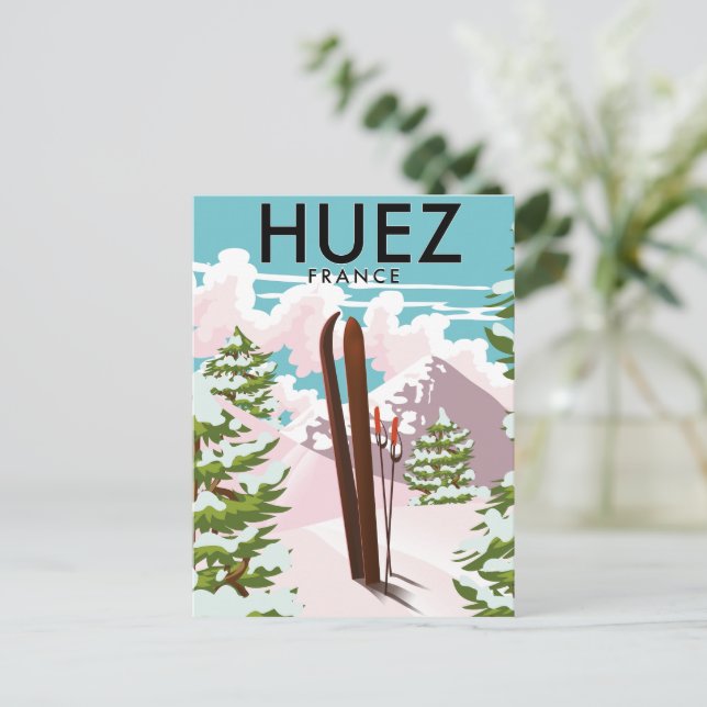 Huez France Retro Skiposter Postkarte (Stehend Vorderseite)